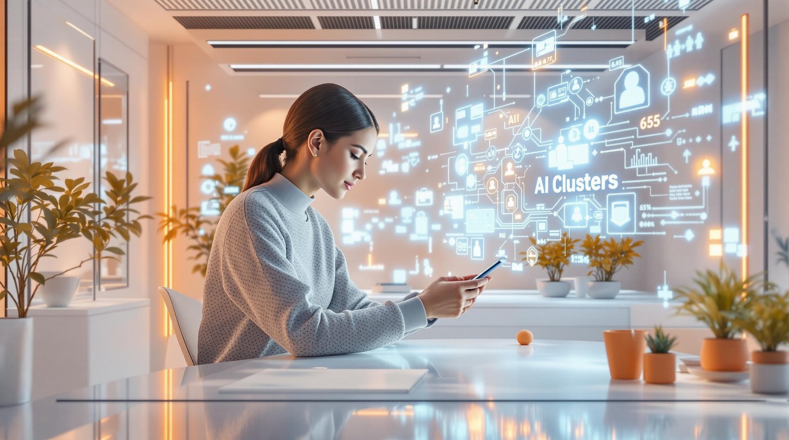 Eine Person interagiert mit einem digitalen Assistenten in einem modernen, hellen Arbeitsumfeld.