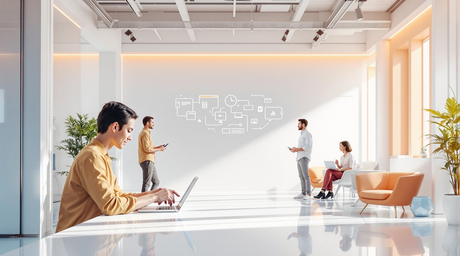 Personen interagieren mit KI-Technologie in einem modernen Büro mit warmen Farbakzenten.
