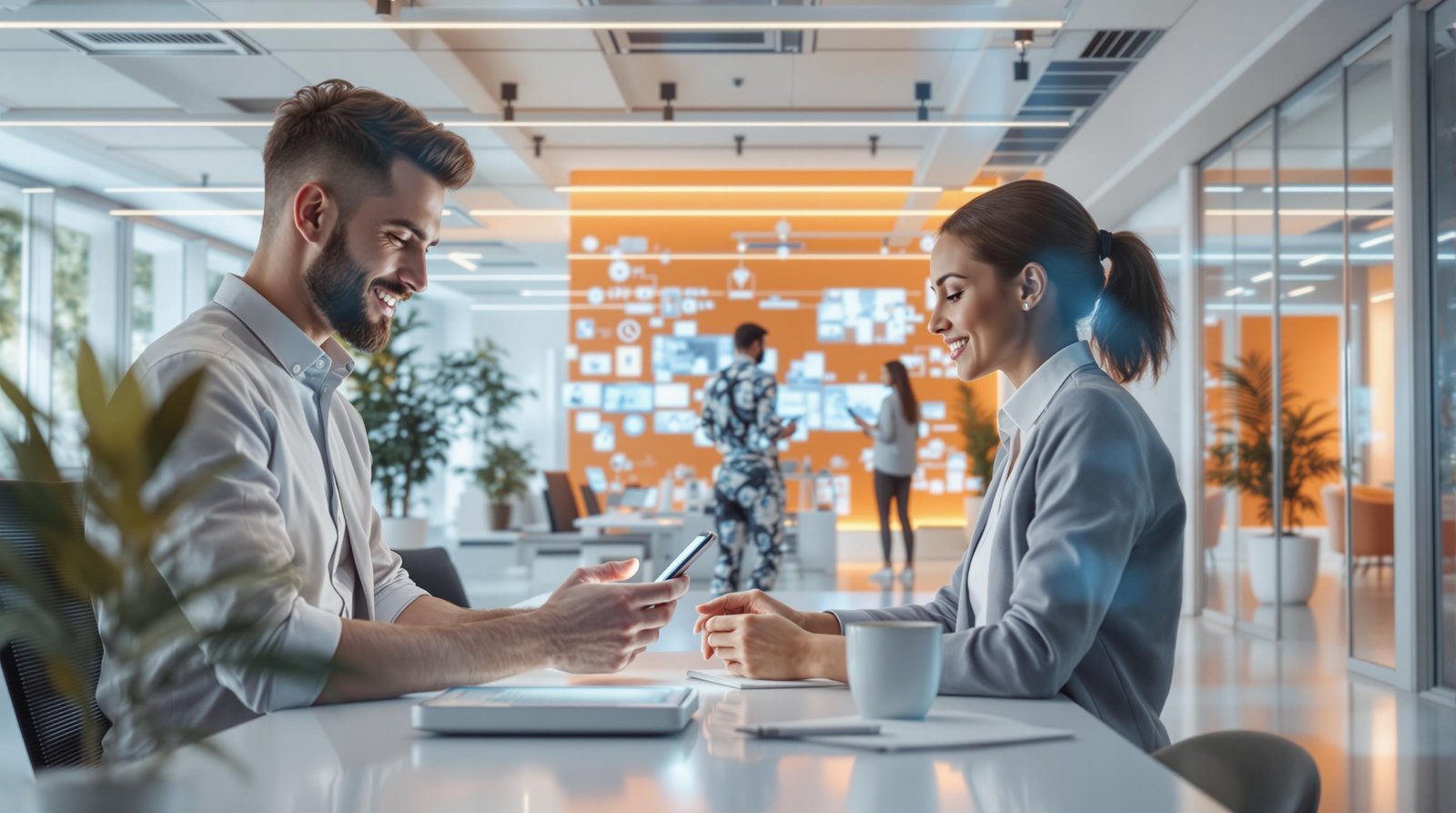 Personen interagieren mit KI-Technologie in einem modernen Büro mit warmen Farbakzenten.