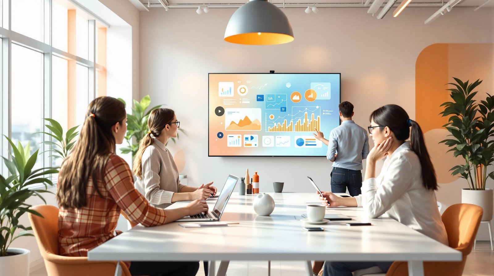 Eine Person arbeitet mit KI-Daten in einem modernen Büro mit warmen Farbakzenten.