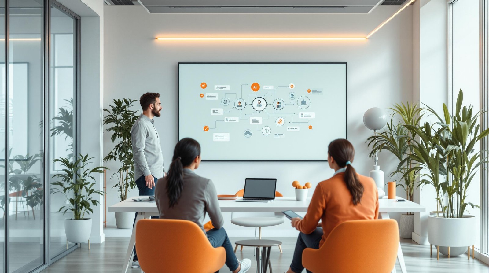 Eine Person erklärt ethische KI-Strategien in einem modernen Büro mit warmen Farbakzenten.